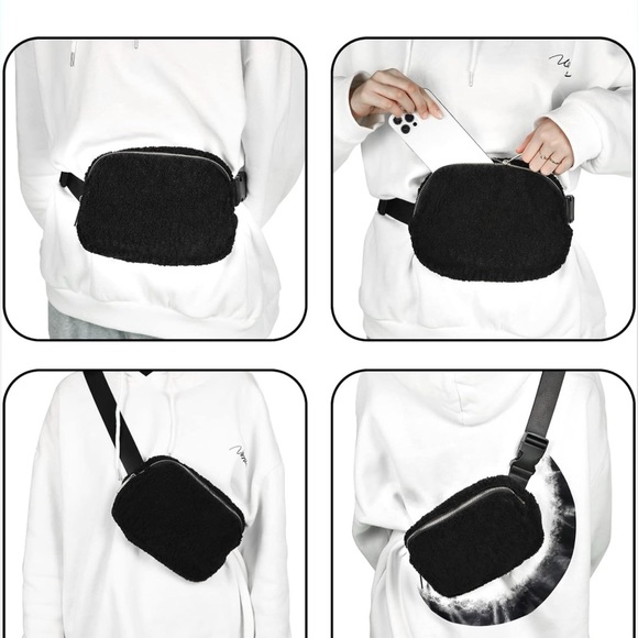 Fleece belt bag women sherpa crossbody waist bag adjustable strap black - Picture 7 of 8